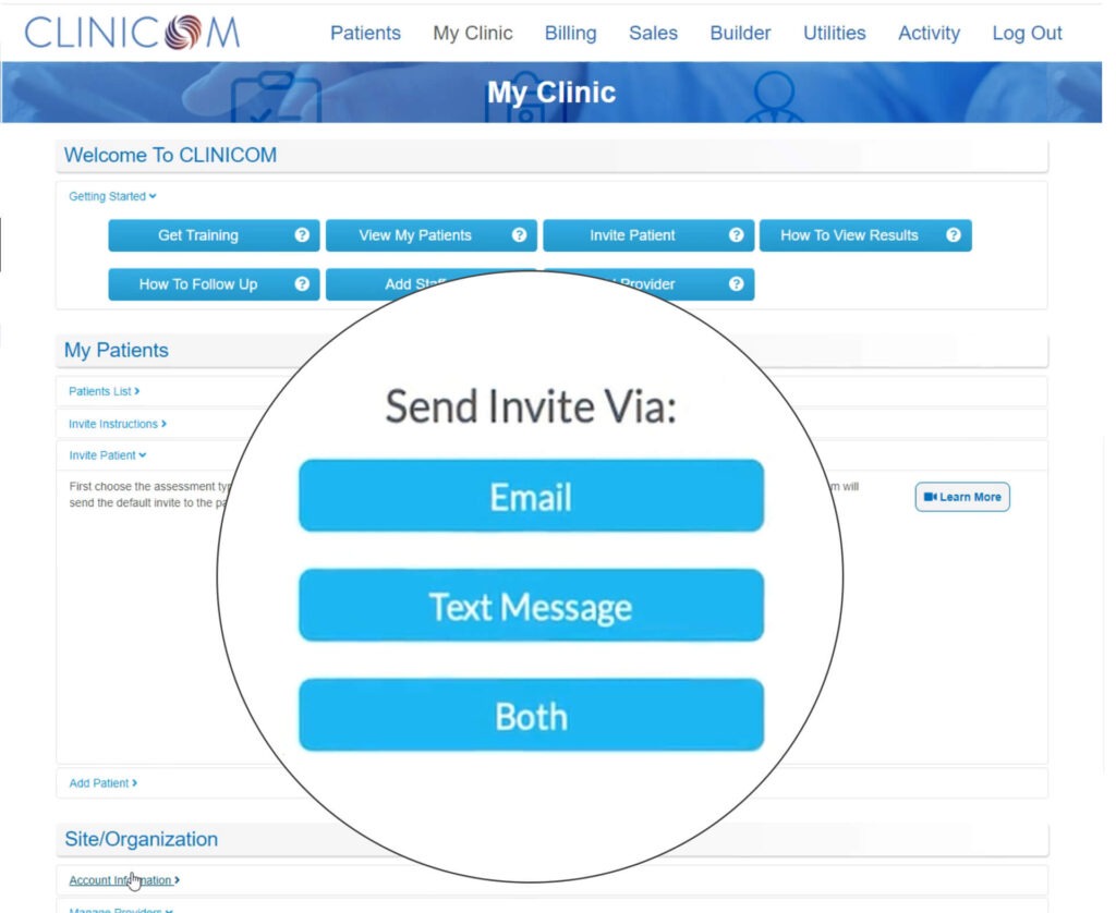clinicom send invite screen